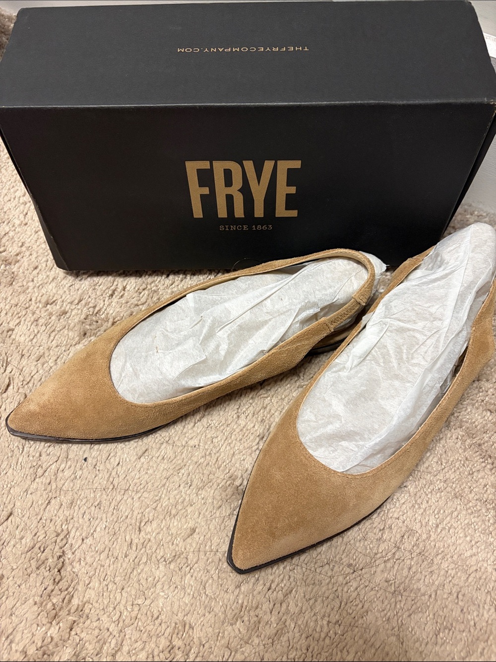 Frye Kenzie Tan Suede Almond Pointed-Toe Slingback Flats